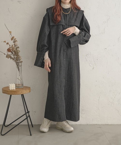 Ambre Ciel(アンブルシエル)の「ロングカフスデニムワンピース/【WEB/EC限定商品】(ワンピース・レディース・ブラック/ブルー・FREE)」の1枚目の写真