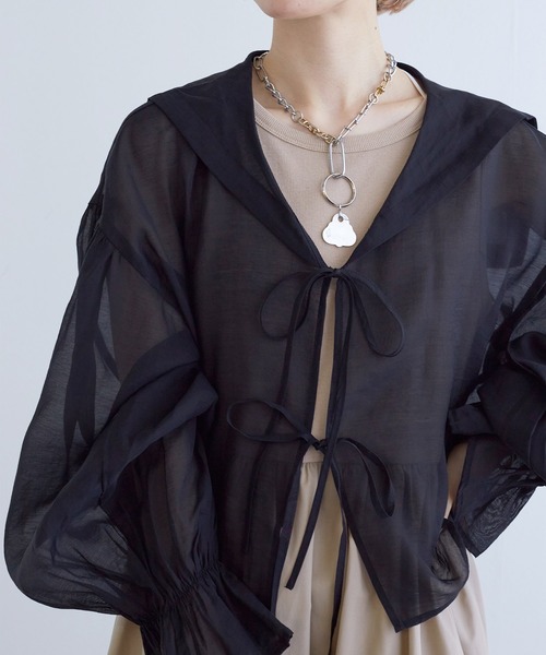 w closet(ダブルクローゼット)の「シアーセーラーカラーブラウス(シャツ/ブラウス・レディース・ブラック/オフホワイト/サックスブルー/オレンジ・FREE)」の15枚目の写真