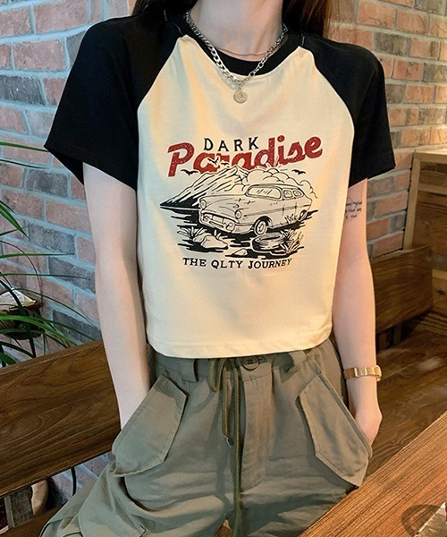 クロップド丈 ラグランプリント リンガーTシャツ culw465（T