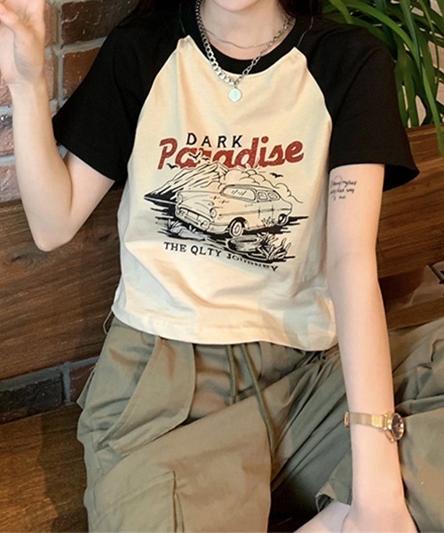 c.u.l(シーユーエル)の「クロップド丈 ラグランプリント リンガーTシャツ culw465(Tシャツ/カットソー・レディース・ブラック・FREE)」の6枚目の写真