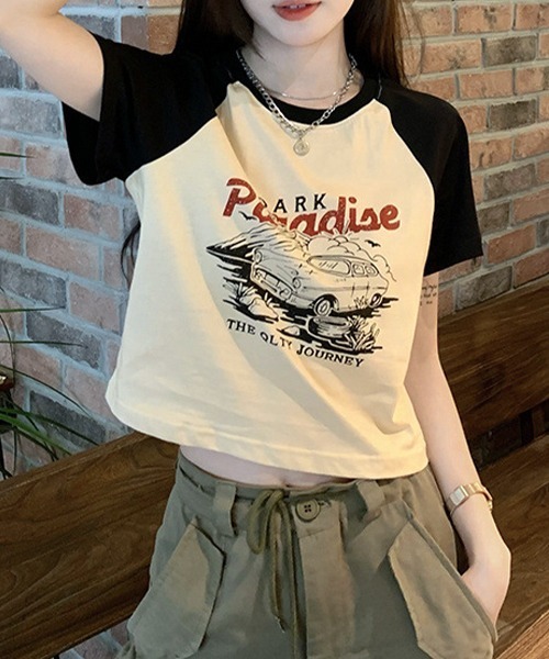 タイムセール　TODAYFUL ベージュ 平成ギャル　クロップド丈　リンガーT クロップド丈 ラグランプリント リンガーTシャツ culw465（T