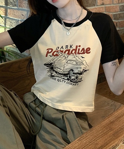 クロップド丈 ラグランプリント リンガーTシャツ culw465（T
