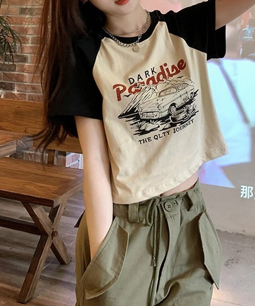 c.u.l(シーユーエル)の「クロップド丈 ラグランプリント リンガーTシャツ culw465(Tシャツ/カットソー・レディース・ブラック・FREE)」の10枚目の写真