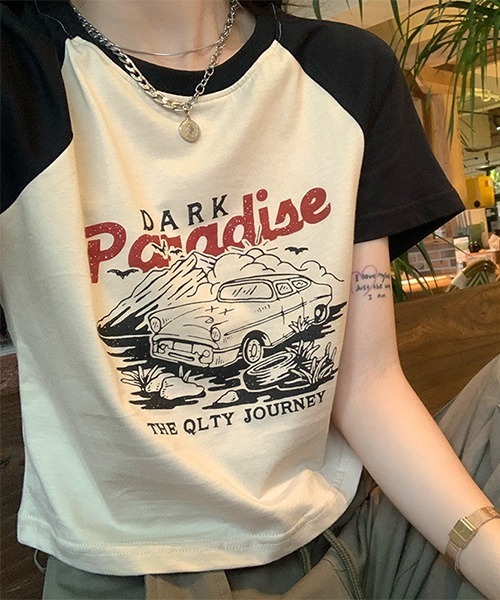 c.u.l(シーユーエル)の「クロップド丈 ラグランプリント リンガーTシャツ culw465(Tシャツ/カットソー・レディース・ブラック・FREE)」の11枚目の写真