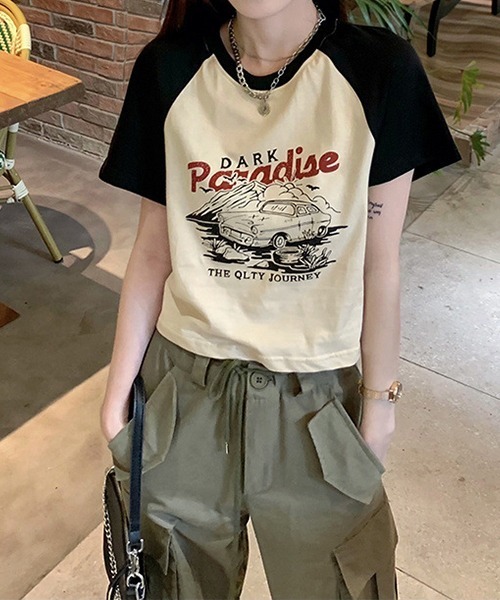 c.u.l(シーユーエル)の「クロップド丈 ラグランプリント リンガーTシャツ culw465(Tシャツ/カットソー・レディース・ブラック・FREE)」の12枚目の写真