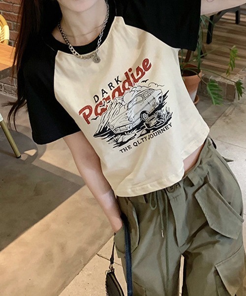 クロップド丈 ラグランプリント リンガーTシャツ culw465（T