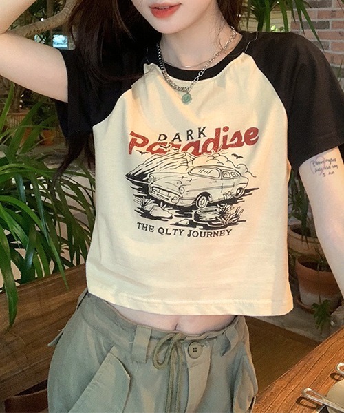 c.u.l(シーユーエル)の「クロップド丈 ラグランプリント リンガーTシャツ culw465(Tシャツ/カットソー・レディース・ブラック・FREE)」の14枚目の写真