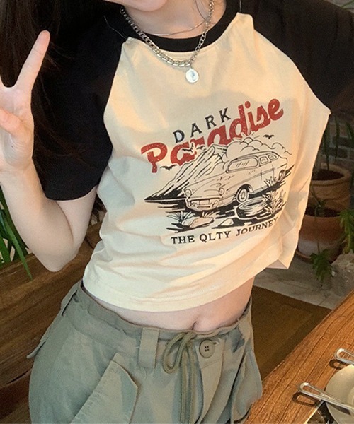 クロップド丈 ラグランプリント リンガーTシャツ culw465（T