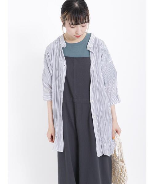 Samansa Mos2（サマンサ モスモス）の「シアーワッシャーストライプシャツチュニック（チュニック・レディース・グリーン/モカ/ブルー/レッド・F）」の3枚目の写真