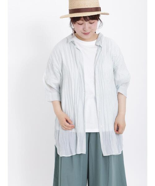 Samansa Mos2（サマンサ モスモス）の「シアーワッシャーストライプシャツチュニック（チュニック・レディース・グリーン/モカ/ブルー/レッド・F）」の5枚目の写真