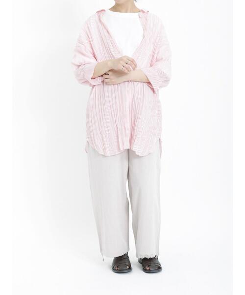 Samansa Mos2（サマンサ モスモス）の「シアーワッシャーストライプシャツチュニック（チュニック・レディース・グリーン/モカ/ブルー/レッド・F）」の8枚目の写真