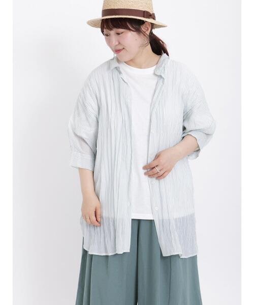 Samansa Mos2（サマンサ モスモス）の「シアーワッシャーストライプシャツチュニック（チュニック・レディース・グリーン/モカ/ブルー/レッド・F）」の10枚目の写真