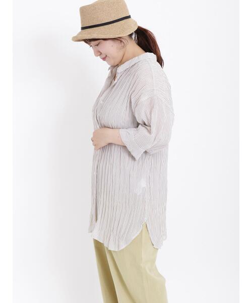 Samansa Mos2（サマンサ モスモス）の「シアーワッシャーストライプシャツチュニック（チュニック・レディース・グリーン/モカ/ブルー/レッド・F）」の14枚目の写真