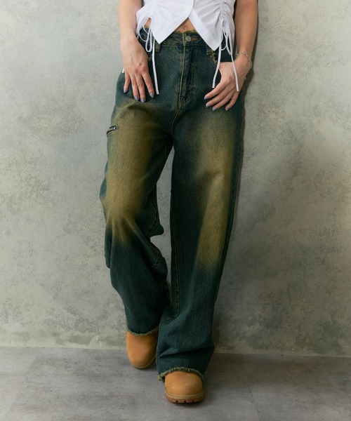 フリンジZIPワイドストレートデニムパンツ（デニムパンツ