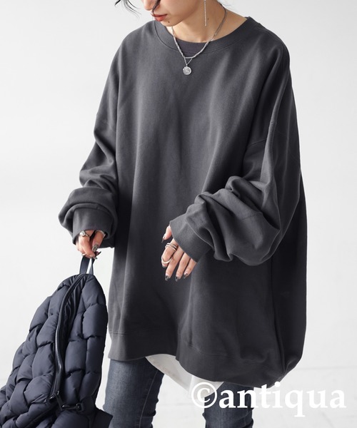 antiqua（アンティカ）の「綿100%裏毛トレーナー（スウェット・レディース・アイボリー/ブラック/スミクロ/杢グレー/ブルーグリーン/グレイッシュベージュ/カーキ・FREE）」の3枚目の写真