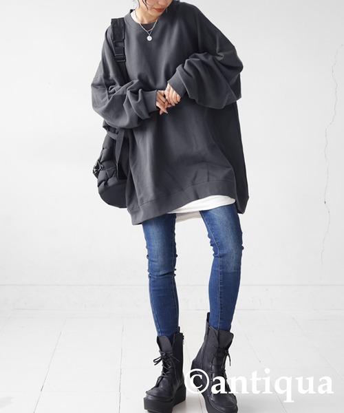 antiqua（アンティカ）の「綿100%裏毛トレーナー（スウェット・レディース・アイボリー/ブラック/スミクロ/杢グレー/ブルーグリーン/グレイッシュベージュ/カーキ・FREE）」の18枚目の写真