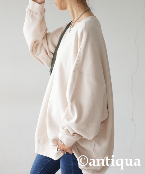 antiqua（アンティカ）の「綿100%裏毛トレーナー（スウェット・レディース・アイボリー/ブラック/スミクロ/杢グレー/ブルーグリーン/グレイッシュベージュ/カーキ・FREE）」の8枚目の写真