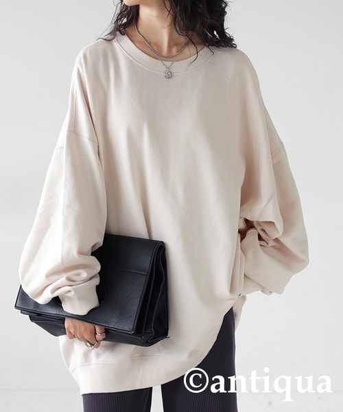 antiqua（アンティカ）の「綿100%裏毛トレーナー（スウェット・レディース・アイボリー/ブラック/スミクロ/杢グレー/ブルーグリーン/グレイッシュベージュ/カーキ・FREE）」の12枚目の写真