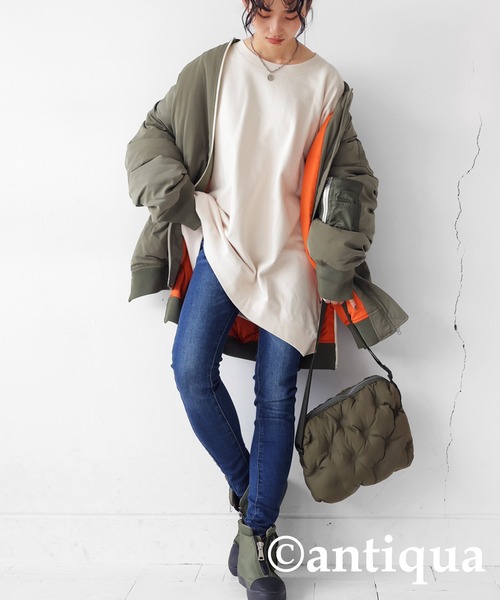 antiqua（アンティカ）の「綿100%裏毛トレーナー（スウェット・レディース・アイボリー/ブラック/スミクロ/杢グレー/ブルーグリーン/グレイッシュベージュ/カーキ・FREE）」の11枚目の写真