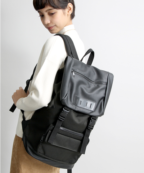 WEGO(ウィゴー)の「WEGO/フェイクレザーコンビバックパック(バックパック/リュック・メンズ・ダークグリーン/ネイビー/ブラック/グレー・FREE)」の3枚目の写真