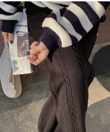 サイドケーブル編みニットワイドパンツ