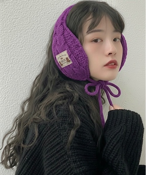 セール】【OKUOKU 0909】耳当て 手編みニット もこもこ ポンポン紐付き