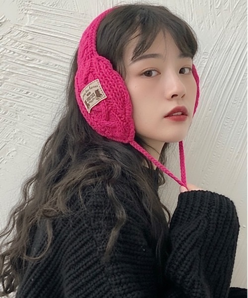 セール】【OKUOKU 0909】耳当て 手編みニット もこもこ ポンポン紐付き