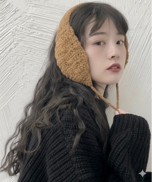 セール】【OKUOKU 0909】耳当て 手編みニット もこもこ ポンポン紐付き