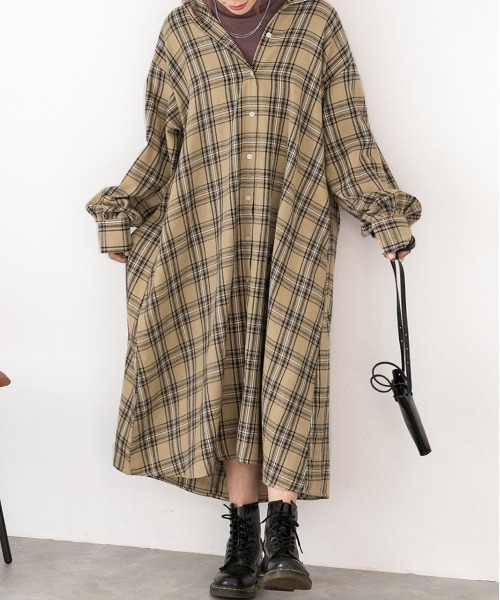 セール】選べる2柄 ネルチェック フレアシャツワンピース（シャツ