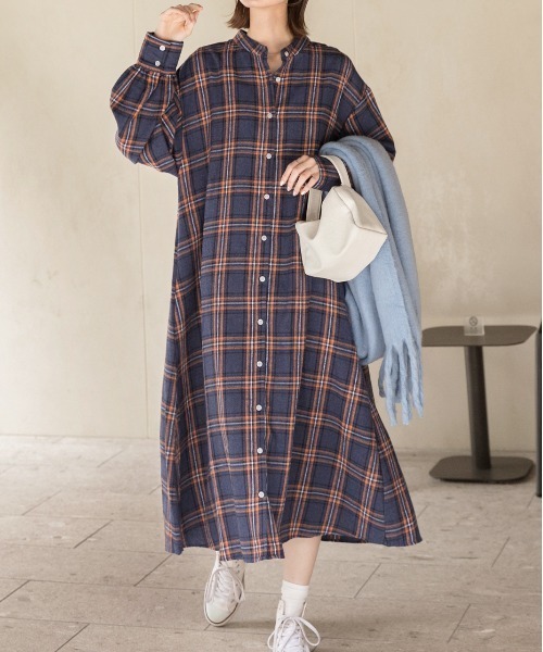 ad thie（アドティエ）の「選べる2柄 ネルチェック フレアシャツワンピース（シャツワンピース・レディース・ダークブラウン/ブラック/ベージュ/ブラウン/ブルー・LARGE/MEDIUM）」の5枚目の写真