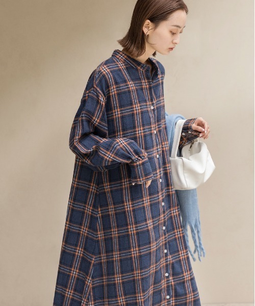 セール】選べる2柄 ネルチェック フレアシャツワンピース（シャツ
