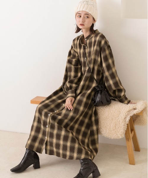 セール】選べる2柄 ネルチェック フレアシャツワンピース