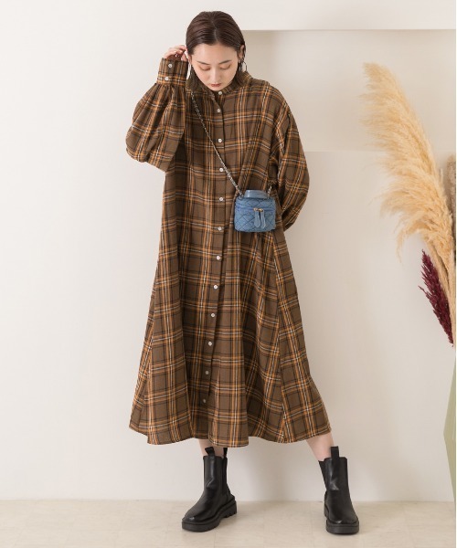 セール】選べる2柄 ネルチェック フレアシャツワンピース（シャツ