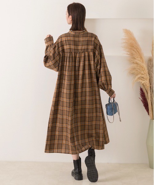 美品✨️ルネ ティシュー シャツワンピース チェック ベルト ブラウン 36 セール】選べる2柄 ネルチェック フレアシャツワンピース（シャツ