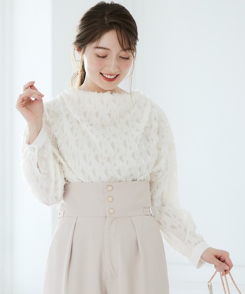 トゥエルブアジェンダ 12Twelve Agenda フェザーカットジャガードドレープネックブラウス （ブラック） SALE】フェザーカットジャガードドレープネックブラウス