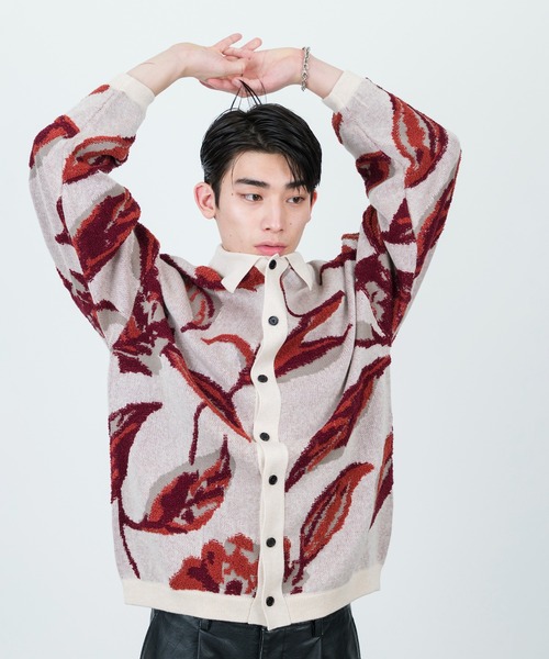 JUNRED（ジュンレッド）の「ボタニカルジャガードニットカーディガン（カーディガン/ボレロ・メンズ・ネイビー/オフホワイト・L/S/M）」の2枚目の写真