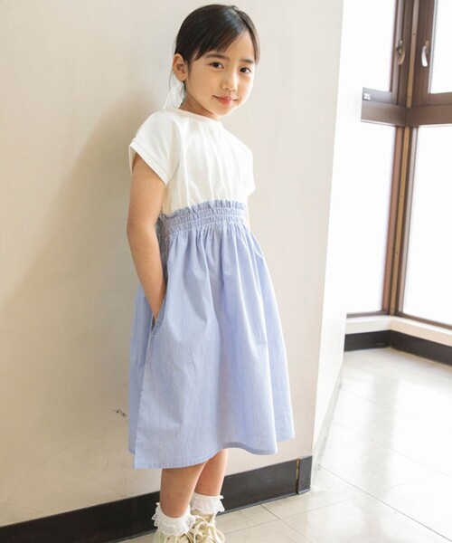 DRC branshes（ディーアールシーブランシェス）の「【WEB限定/DRC/お肌に嬉しい綿100％】ウエスト切替ドッキング半袖ワンピース（ワンピース・キッズ・ブラック/カーキオリーブ/ベージュ/フューシャピンク/ブルー/オフホワイト・150/140/120/90/110/130/100）」の14枚目の写真