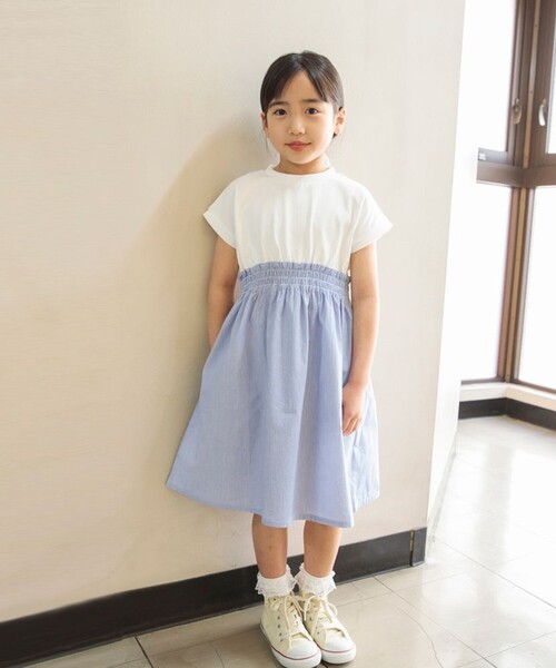 DRC branshes（ディーアールシーブランシェス）の「【WEB限定/DRC/お肌に嬉しい綿100％】ウエスト切替ドッキング半袖ワンピース（ワンピース・キッズ・ブラック/カーキオリーブ/ベージュ/フューシャピンク/ブルー/オフホワイト・150/140/120/90/110/130/100）」の5枚目の写真