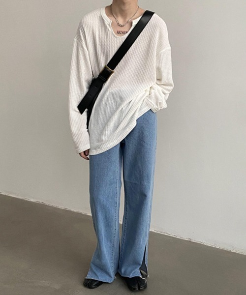 NOWLE(ノウル)の「【NOWLE】ワッフル デザイン ミニ Uネック 無地 ロンT(Tシャツ/カットソー・メンズ・グレー/ホワイト/ブラック・X-LARGE/LARGE/MEDIUM)」の6枚目の写真