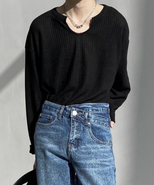 NOWLE(ノウル)の「【NOWLE】ワッフル デザイン ミニ Uネック 無地 ロンT(Tシャツ/カットソー・メンズ・グレー/ホワイト/ブラック・X-LARGE/LARGE/MEDIUM)」の8枚目の写真