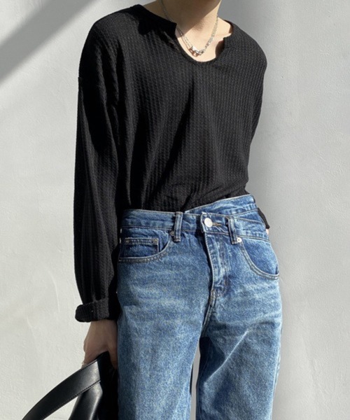 NOWLE(ノウル)の「【NOWLE】ワッフル デザイン ミニ Uネック 無地 ロンT(Tシャツ/カットソー・メンズ・グレー/ホワイト/ブラック・X-LARGE/LARGE/MEDIUM)」の10枚目の写真