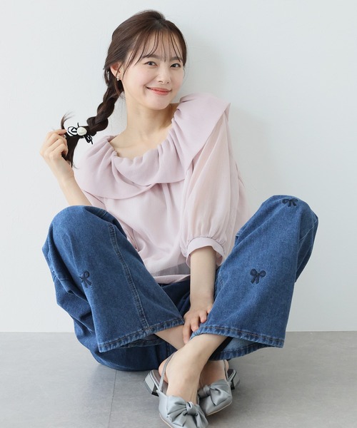 セール】リボン刺繍ワイドデニムパンツ（デニムパンツ