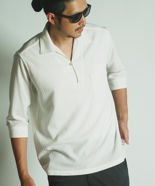 RATTLE TRAP（ラトルトラップ）の「ダイヤ柄シャーリング七分袖スキッパーシャツ（シャツ/ブラウス・メンズ・ブラック/ホワイト/ベージュ・LL/L/M）」の2枚目の写真