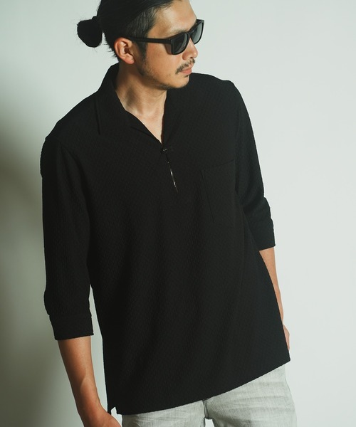 RATTLE TRAP（ラトルトラップ）の「ダイヤ柄シャーリング七分袖スキッパーシャツ（シャツ/ブラウス・メンズ・ブラック/ホワイト/ベージュ・LL/L/M）」の3枚目の写真