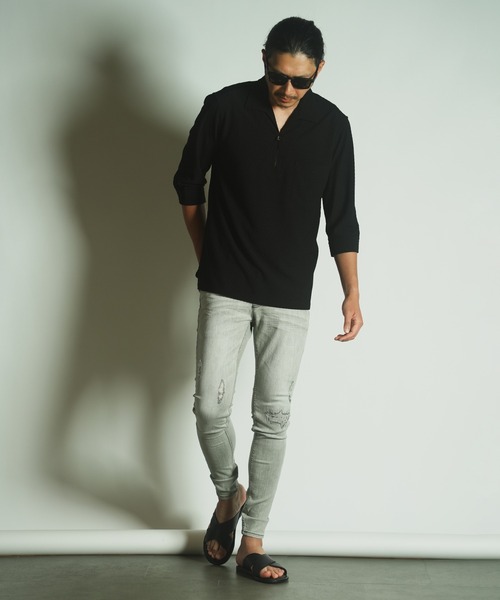 RATTLE TRAP（ラトルトラップ）の「ダイヤ柄シャーリング七分袖スキッパーシャツ（シャツ/ブラウス・メンズ・ブラック/ホワイト/ベージュ・LL/L/M）」の8枚目の写真