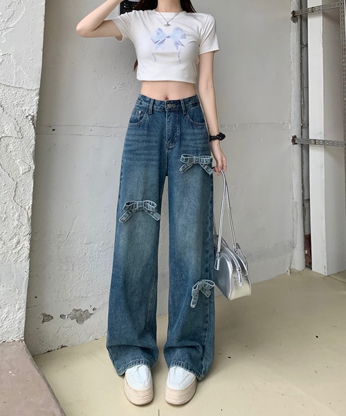 Girly Doll(ガーリードール)の「リボンワイドデニムパンツ(デニムパンツ・レディース・ダークブルー/ライトブルー/ブラック・L/M/S)」の16枚目の写真