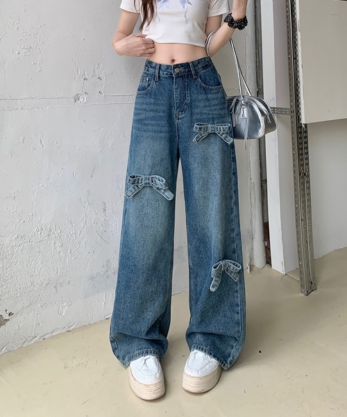 Girly Doll(ガーリードール)の「リボンワイドデニムパンツ(デニムパンツ・レディース・ダークブルー/ライトブルー/ブラック・L/M/S)」の17枚目の写真