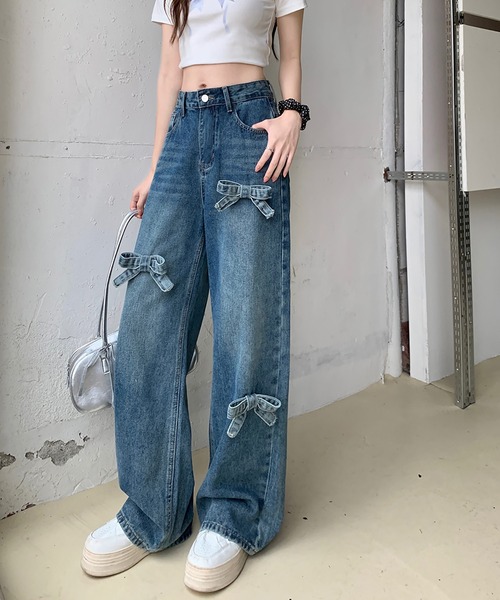 Girly Doll(ガーリードール)の「リボンワイドデニムパンツ(デニムパンツ・レディース・ダークブルー/ライトブルー/ブラック・L/M/S)」の18枚目の写真