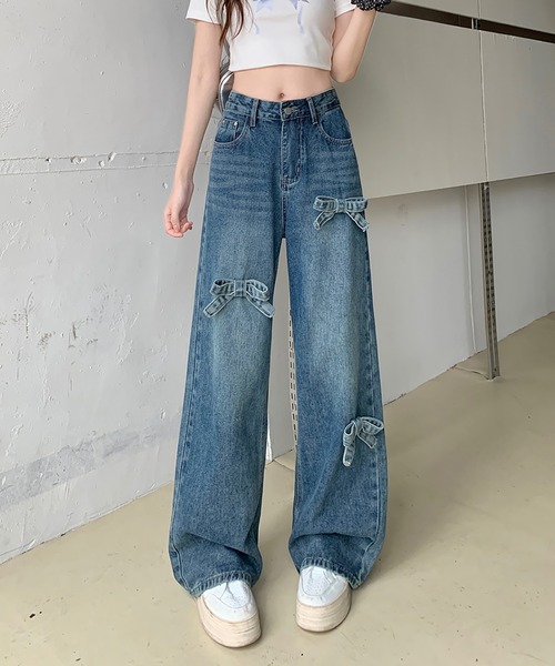 Girly Doll(ガーリードール)の「リボンワイドデニムパンツ(デニムパンツ・レディース・ダークブルー/ライトブルー/ブラック・L/M/S)」の20枚目の写真