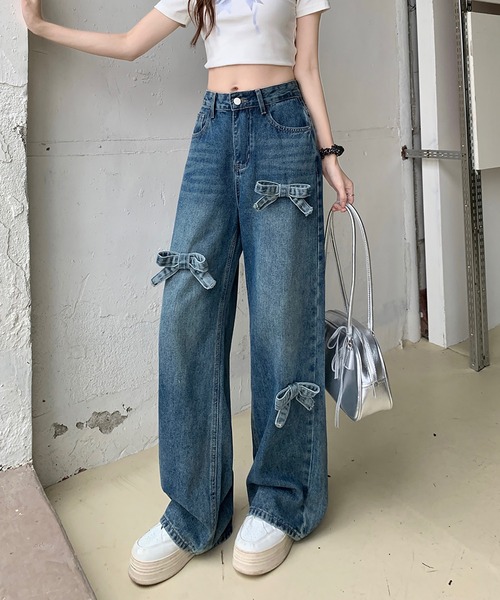Girly Doll(ガーリードール)の「リボンワイドデニムパンツ(デニムパンツ・レディース・ダークブルー/ライトブルー/ブラック・L/M/S)」の19枚目の写真